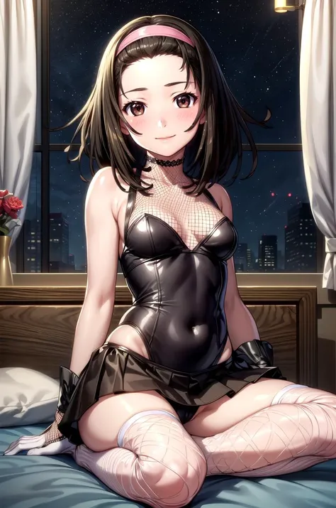 (masterpiece, best quality, detailed), 1girl, solo, nadeko01, medium hair, brown hair, brown eyes, hairband, forehead, looking at viewer,
taimanin suit, impossible leotard, impossible bodysuit, ninja, fishnet gloves, skin tight, fishnets, showgirl skirt, i...