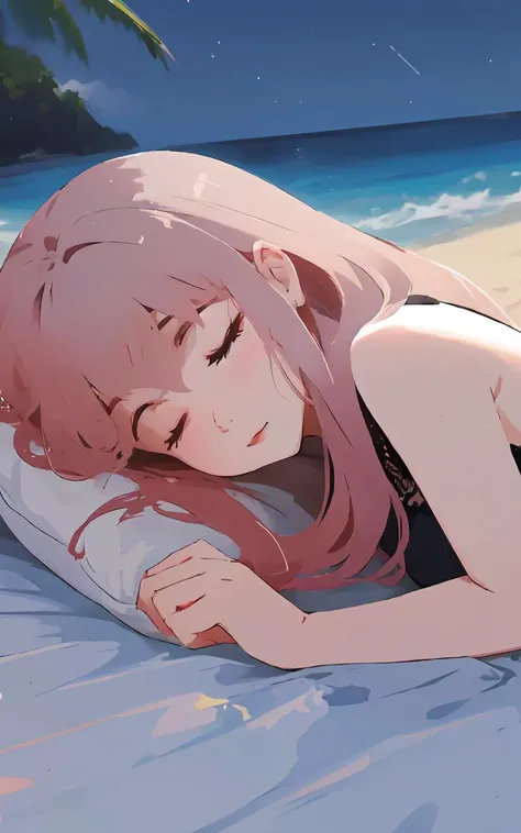 anime girl laying on a bed with a pillow on the beach