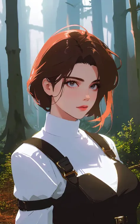 a woman in a white shirt and black suspenders stands in a forest