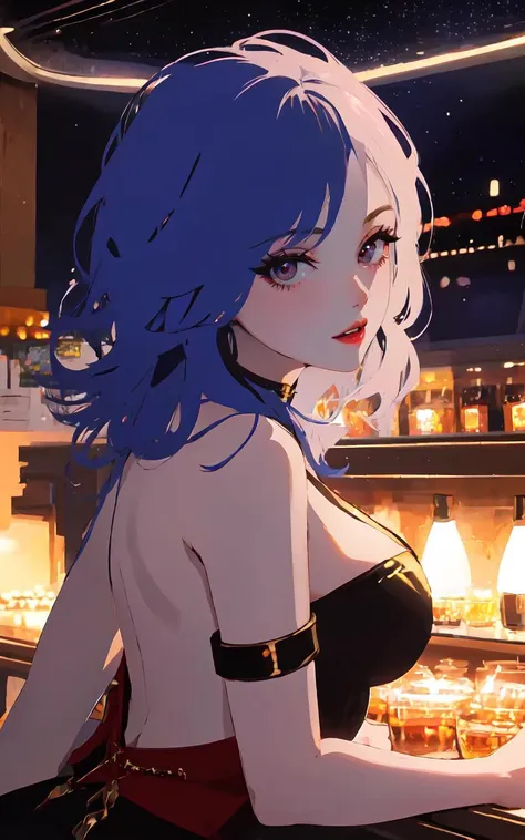 anime girl with blue hair and black bra top sitting in front of a bar