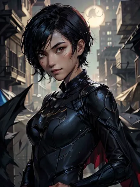 CassCain, cassandra cain, batgirl suit, 1girl, black hair, red eyes, looking at viewer, mask, short hair, face scar 
<lora:CassandraCain-01:0.7>