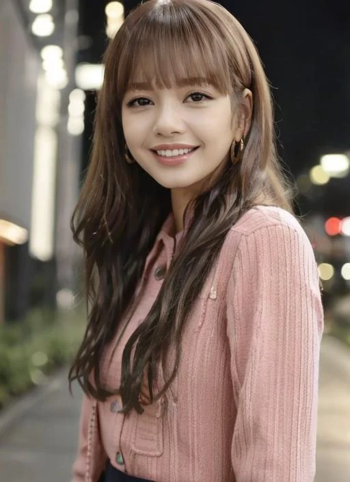 best quality, lisa, 1girl, solo,  looking at viewer, smile, brown hair, shirt, long sleeves,  earrings,  lips, blurry background,  <lora:lisa_v1:0.7>