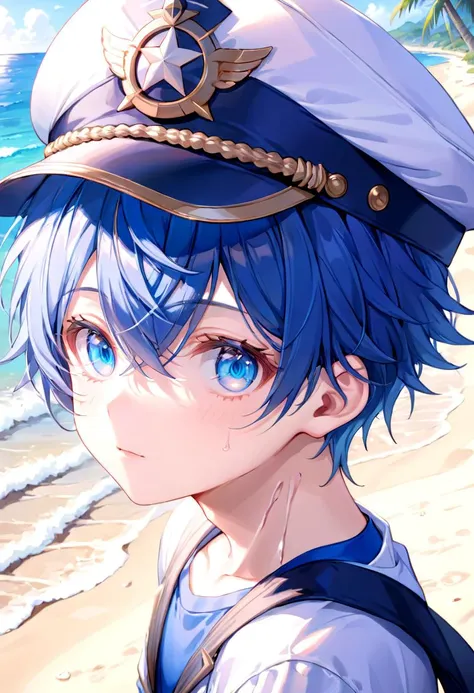 <lora:aoi-SDXL-v1:0.6>,1boy, aoi, blue hair, masterpiece, ultra detail, beach, blue eyes, cute shirt, captain cap,
(masterpiece:1.2), best quality, high resolution, unity 8k wallpaper, (illustration:0.8), (beautiful detailed eyes:1.6), extremely detailed ...