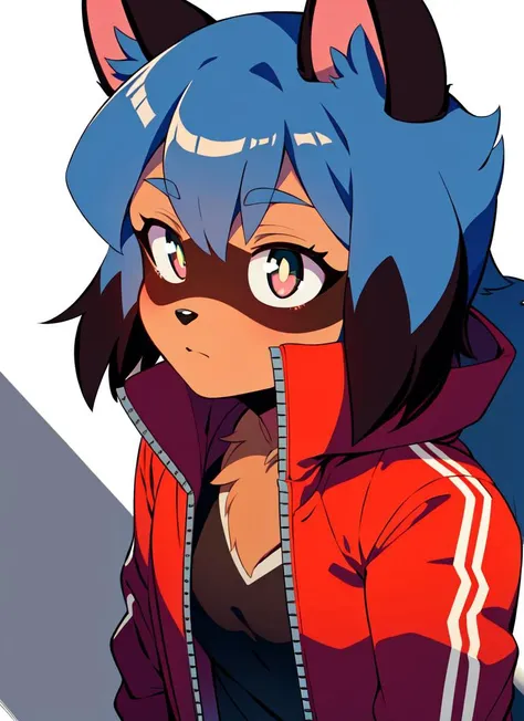 anime girl with blue hair and a red jacket with ears