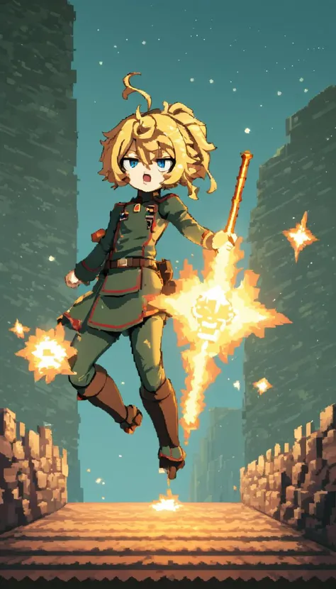 pixel-art Cinematic scene, hero view, Tanya Degurechaff , Youjo Senki, action pose, detailed background, masterpiece, best quality, high quality, absurdres <lora:tanya_degurechaff_xl_v4:1> . low-res, blocky, pixel art style, 8-bit graphics