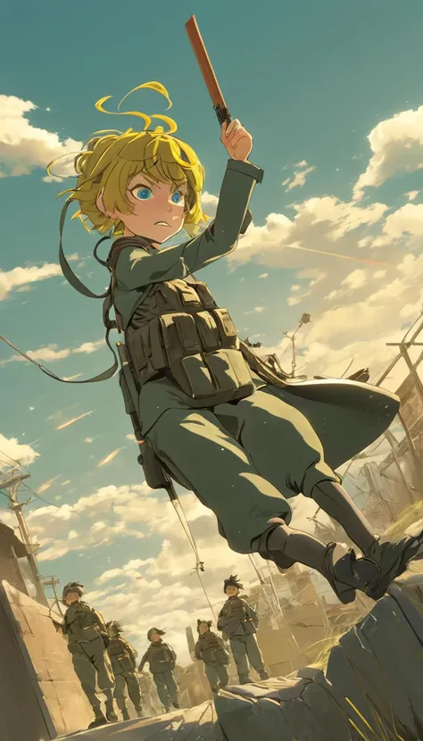 Cinematic scene, hero view, Tanya Degurechaff , Youjo Senki, action pose, detailed background, masterpiece, best quality, high quality, absurdres <lora:tanya_degurechaff_xl_v4:1>, (Studio ghibli style, Art by Hayao Miyazaki:1.2), Anime Style, Manga Style, ...