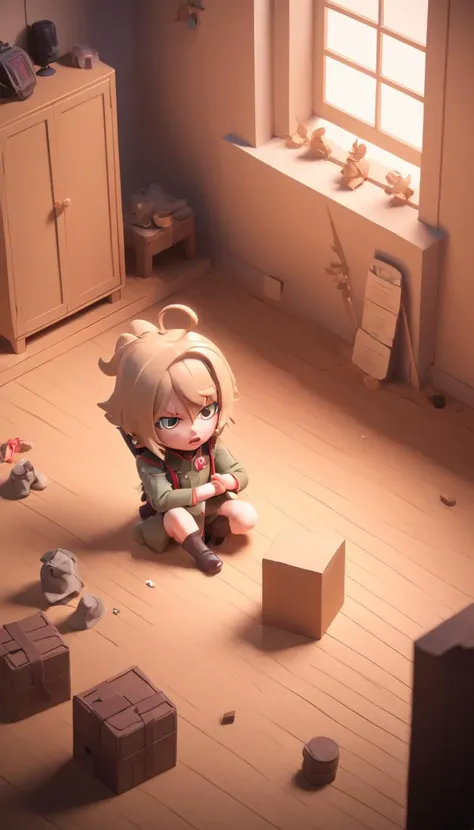 Tiny cute isometric Cinematic scene, hero view, Tanya Degurechaff, Youjo Senki <lora:tanya_degurechaff_xl_v5:1>, action pose, masterpiece, best quality, high quality, highres, absurdres  in a cutaway box, soft smooth lighting, soft colors, 100mm lens, 3d b...