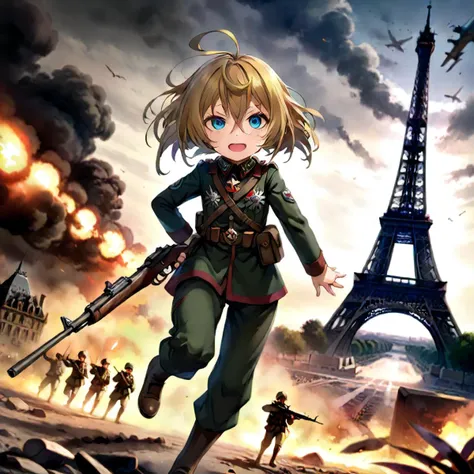 12yo Tanya Degurechaff war against france, Cinematic scene, hero view, Youjo Senki, uniform, glowing iris <lora:tanya_degurechaff:0.9>, ww1, eiffel tower at background, angry evil smile, military trousers, (mauser rifle:1.5) with both hands, prussian soldi...