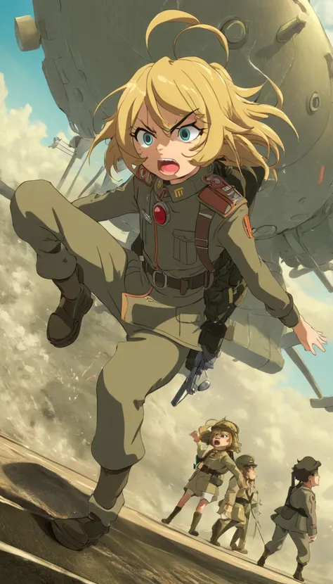 Cinematic scene, hero view, Tanya Degurechaff, Youjo Senki <lora:tanya_degurechaff_xl_v6:1>, action pose, detailed background, masterpiece, best quality, high quality, highres, absurdres, (Studio ghibli style, Art by Hayao Miyazaki:1.2), Anime Style, Manga...