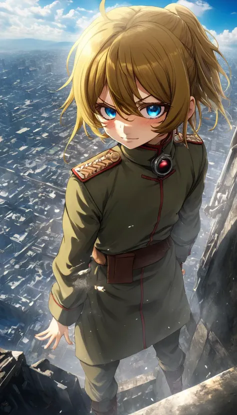 long shot scenic professional photograph of Cinematic scene, hero view, Tanya Degurechaff, Youjo Senki <lora:tanya_degurechaff_xl_v6:1>, action pose, detailed background, masterpiece, best quality, high quality, highres, absurdres, perfect viewpoint, highl...