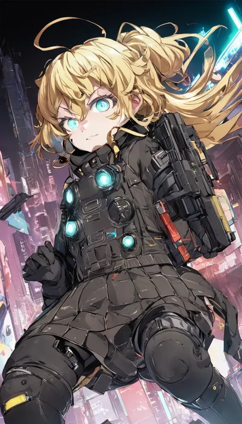 Tanya Degurechaff, Youjo Senki, (reimagined in a cyberpunk universe), (cyberpunk style), (cyberpunk), (cyberpunk outfit), (punk hair), augmentation, cybernetics, glowing neon lights, cinematic scene, hero view, action pose, masterpiece, best quality, high ...