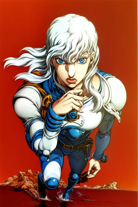 details,androgynous,cute,griffith (berserk),1boy,blue eyes,closed mouth,white hair,athletic body,(white armor:1.4),(shiny armor:1.4),lean body, <lora:Griffith:0.6>, <lora:arakistyle:0.9>, detailed face, full body, monotone, ((solo focus)), ((arakistyle)) (...