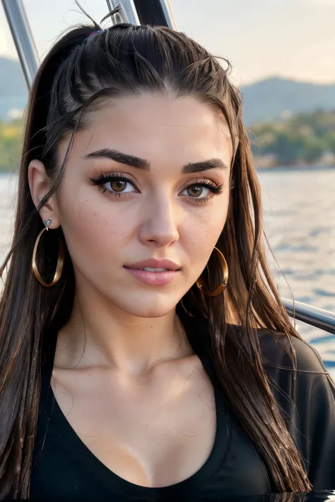 RAW, real photo portrait, handeE2, on a boat, (wearing a wet black t-shirt), pretty face, insanely detailed eyes, light blonde hair, high ponytail, bokeh, natural light, depth of field, golden hour, sharp focus