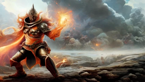 a man in armor holding a fire ball in front of a mountain