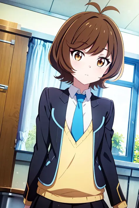 masterpiece, best quality, ultra detailed,  <lora:zaizen_aoi_v1:0.7> hmza, short hair, antenna hair, brown eyes, school uniform, blue necktie, black jacket, open jacket, long sleeves, sweater, black skirt