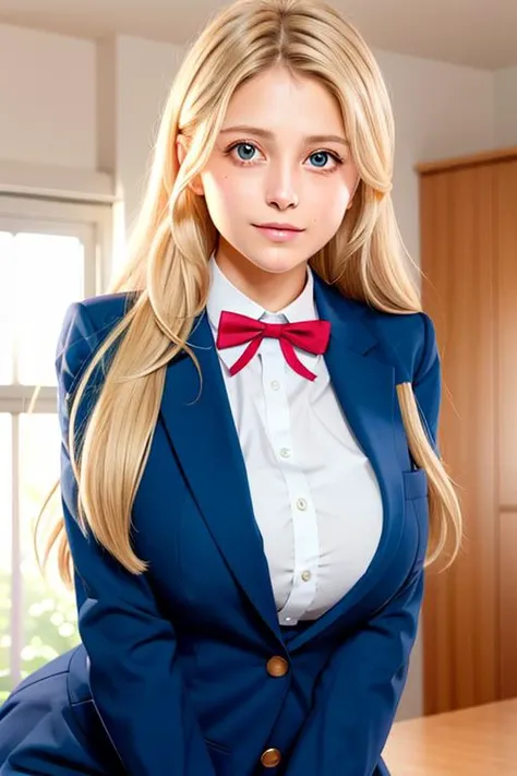 (day),bedroom,high rise apartment, windows,
dynamic pose,standing at attention,
blazer,blue suit ,red bow tie,neck ribbon, ribbon, school uniform,long sleeves,
pleated skirt, 
<lora:Midori_Shouji_Houkago2-KK77-V1:0.5>,
blonde hair,long hair, Bangs,hair rib...