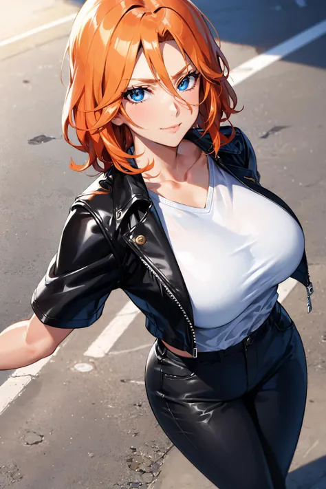 masterpiece, best quality, <lora:rangiku-nvwls-v1-000010:0.9> matsumoto rangiku, short hair, hair between eyes, large breasts, black leather jacket, white t-shirt, pants, looking at viewer, furrowed brow, smile, from above, road