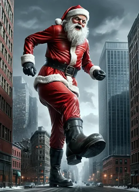 evil Santa Claus walks through the city, city building under the boot, lifts the foot, mega size, building size, F2.8, RAW Photo, ultra detailed, <lora:jvdaniangXL-beta-fix:0.5>  <lora:ral-mythcr:1>