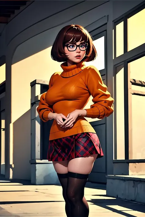 (masterpiece, best quality), 1girl,  <lora:velma:1> velma, orange sweater, plaid skirt, black legwear, glasses,