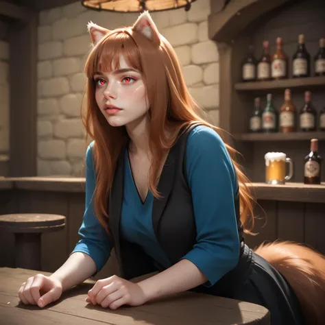 a woman with red hair sitting at a table with a cat ears on her head