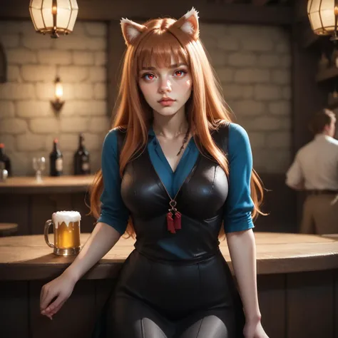 a woman in a cat suit sitting on a bar with a beer