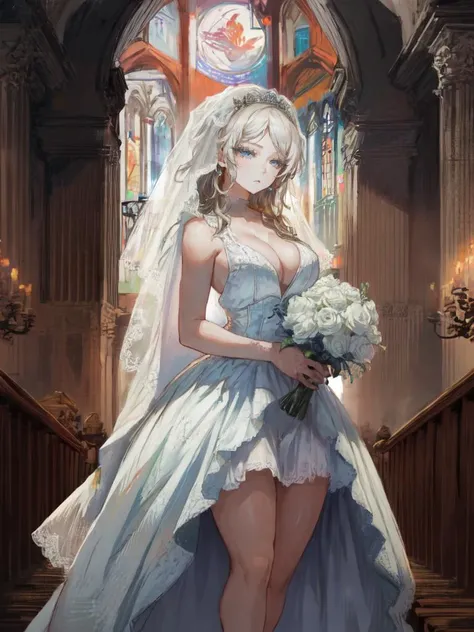 1girl, solo focus, faust_limbus, blue eyes,
bridal veil, wedding dress, cleavage, bride, holding bouquet, 
church, feet out of frame, looking at viewer, 
<lora:limbusfaustv1:1>, (masterpiece:1.2, best quality:1.2, high quality, highres:1.1), detailed, extr...