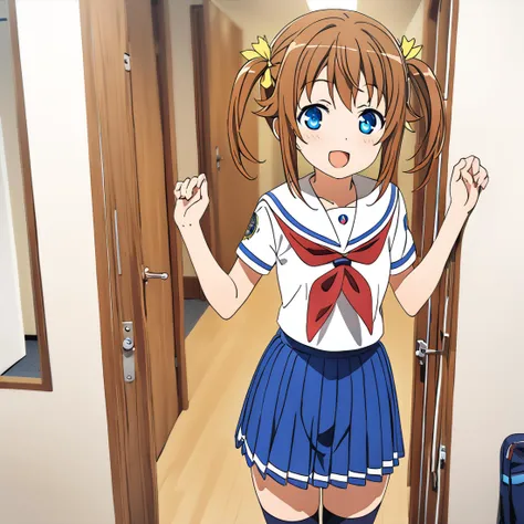 anime girl in a school uniform standing in a hallway