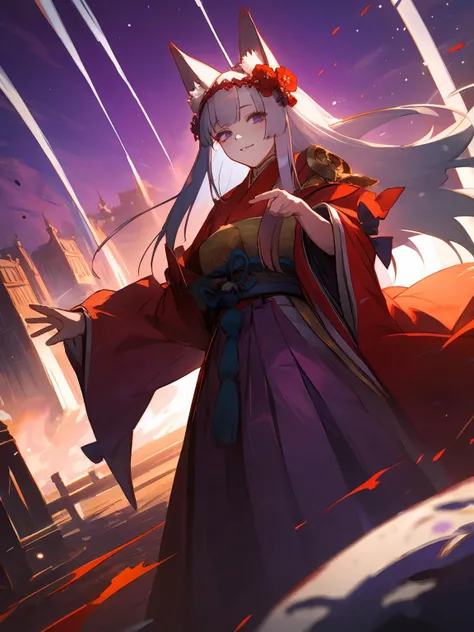 masterpiece,best quality,highres,cinematic lighting,dramatic angle,<lora:ShadowverseGinsetsuV7-000018:0.8>,1girl,animal ears,hair ornament,purple eyes,white hair,long hair,shaded face,evil smile,parted lips,looking at viewer,cowboy shot,japanese clothes,ob...