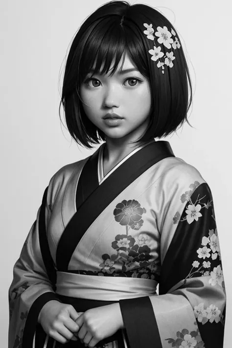 <takeuchiakari> detailed high contrast black sumi-e ink painting, traditional japanese ukiyo-e artwork, girl with round face, kimono, short hair, ornamental hair decoration, white background with japanese kanji calligraphy