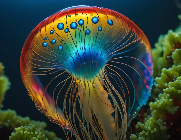 (best quality, masterpiece, hyperreal, ultra high res, photorealistic, raw photo, superb intricate, ultra detailed, highly contrasted, highly detailed colorful textures, sharp focus, 8K UHD), (macro photography, biolumiscent translucent glass jellyfish, ma...