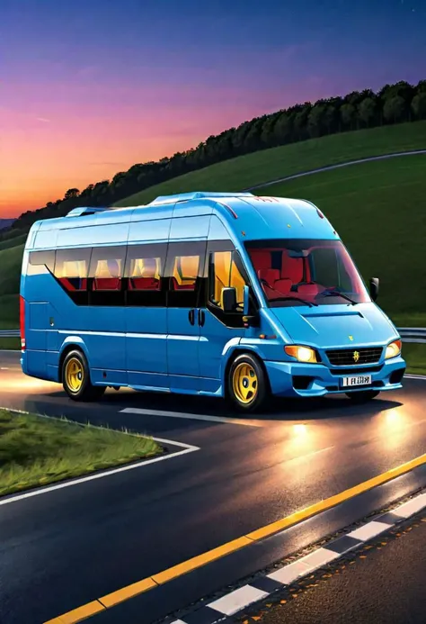 a supersport Ferrari van minibus, ferrari style, high quality, high resolution, on a long straight road, at night, blue sky, real colors, lineart, vibrant colors, beautiful colors, isometric