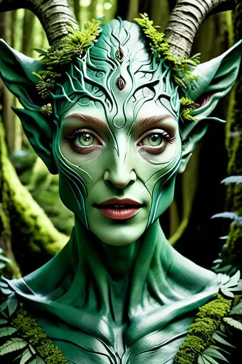 a close up of a woman with horns and green paint on her face