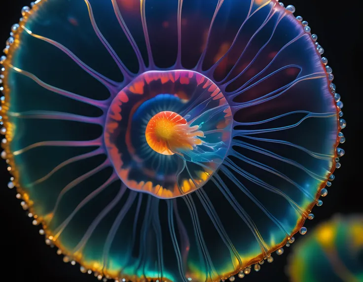 (best quality, masterpiece, hyperreal, ultra high res, photorealistic, raw photo, superb intricate, ultra detailed, highly contrasted, highly detailed colorful textures, sharp focus, 8K UHD), (macro photography, biolumiscent translucent glass jellyfish, ma...