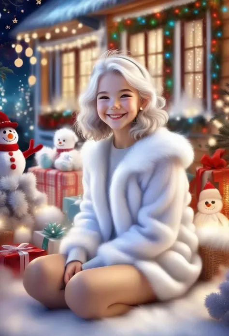 Christmas scene with a cute white 20 years old girl sitting among christmas decorations, smile, fluffy,  lights, holiday atmosphere, ultra-fine, digital painting