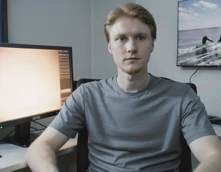 a man sitting in front of a computer monitor, looks like jerma985