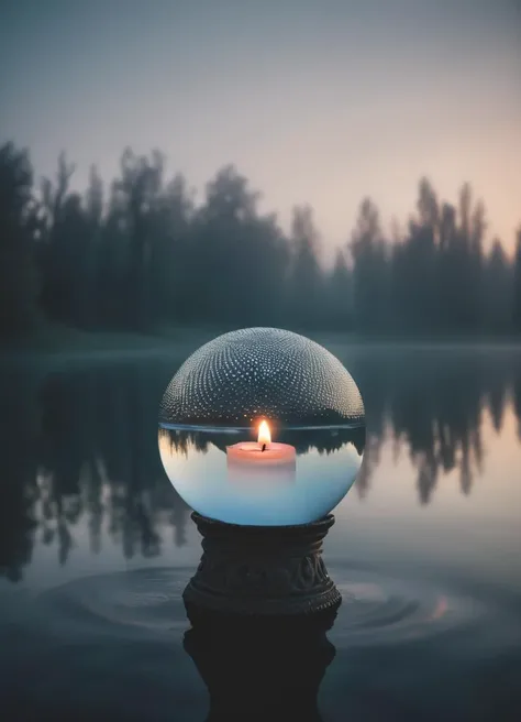 floating candle crystal ball above a lake, misty weather, late evening, dramatic LUT