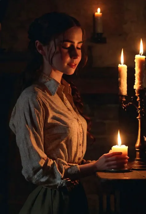 arafed woman holding a lit candle in front of a candle holder