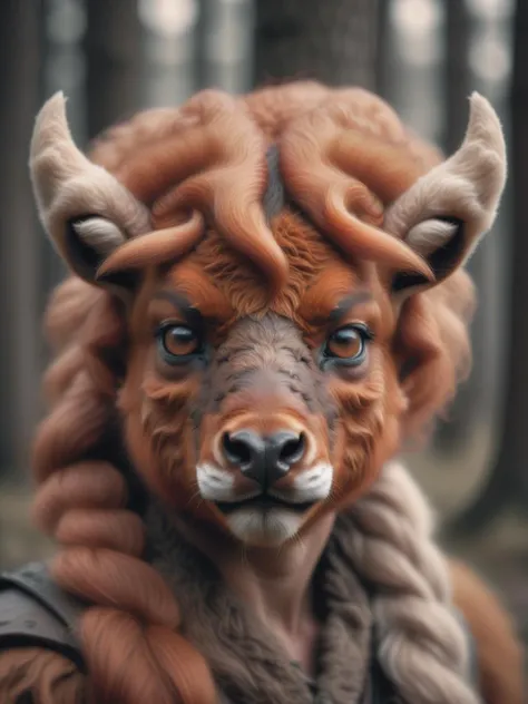 realistic portrait photo of a humanoid bison Vulpix hybrid, dramatic cinematic LUT