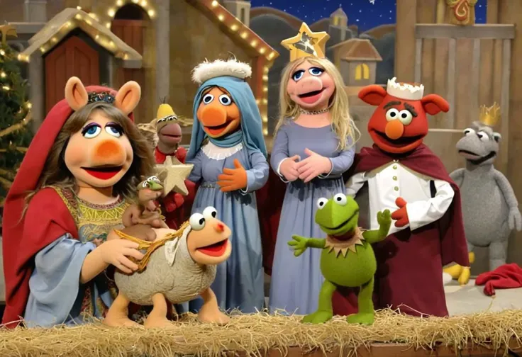 a close up of a group of puppets in a nativity scene