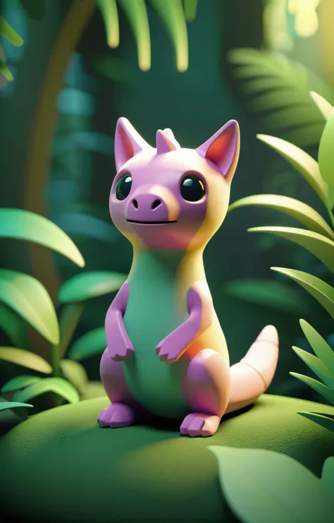 3d isometric, blender render, soft colorful-hued colors, tiny catossauros creature sitting in a lush jungle, Two tone lighting, simple background