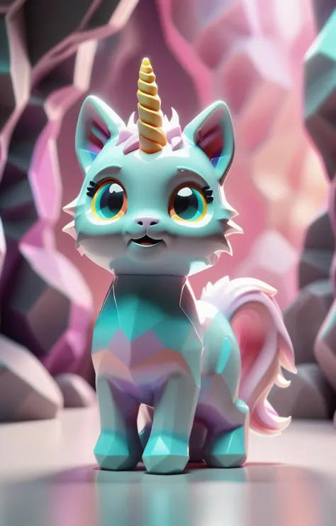 3d isometric, blender render, soft colorful-hued colors, tiny cat unicorn hybrid in a crystal cave, Two tone lighting, simple background