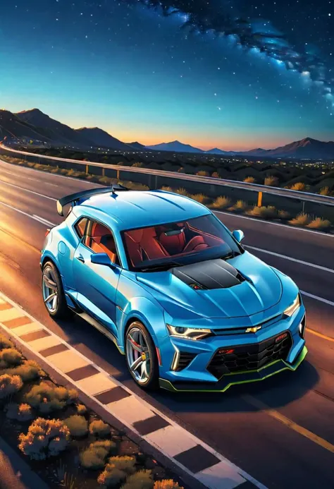 a supersport bettle van, camaro style, high quality, high resolution, on a long straight road, at night, blue sky, real colors, lineart, vibrant colors, beautiful colors, isometric