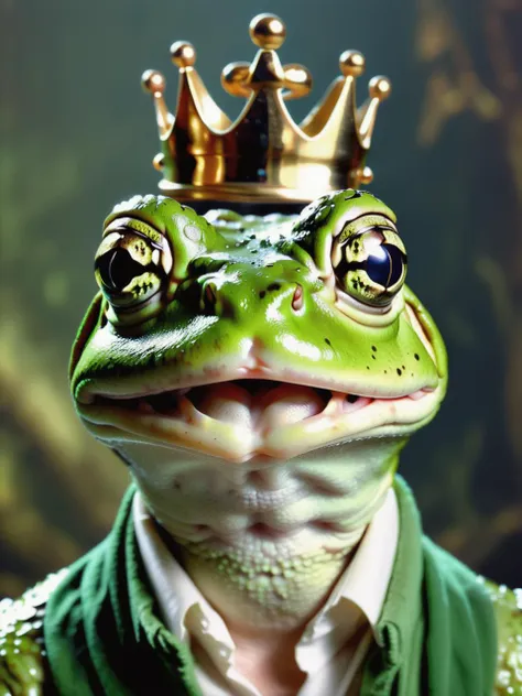 realistic mid shot portrait photo of a humanoid frog prince