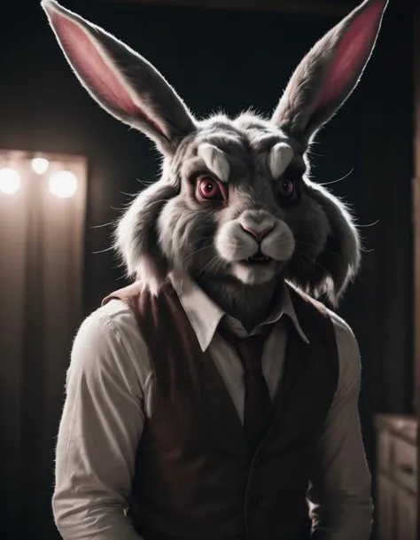 a man in a rabbit mask with a tie and vest