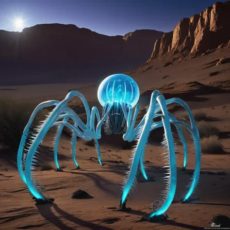 a close up of a jellyfish in the desert with a mountain in the background