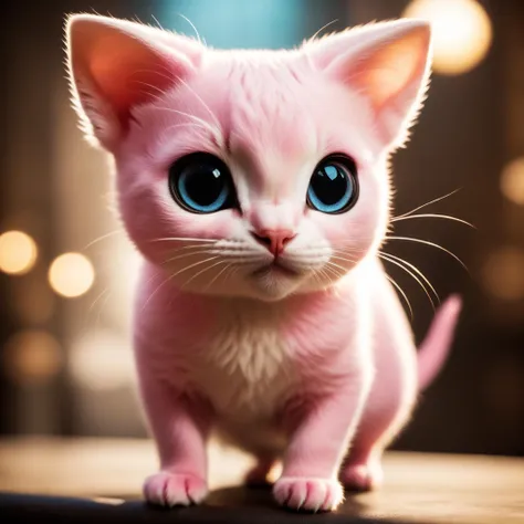 there is a pink kitten with blue eyes standing on a table