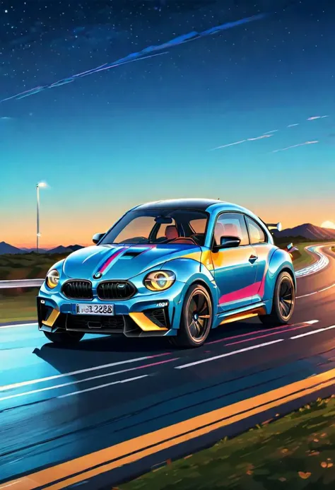 a supersport bettle van, bmw style, high quality, high resolution, on a long straight road, at night, blue sky, real colors, lineart, vibrant colors, beautiful colors, isometric