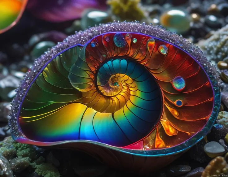 (best quality, masterpiece, hyperreal, ultra high res, photorealistic, raw photo, superb intricate, ultra detailed, highly contrasted, highly detailed colorful textures, sharp focus, 8K UHD), (macro photography, biolumiscent translucent nautilus, ammolite,...