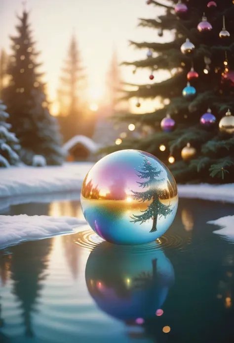 a close up of a christmas ball on a pond with trees in the background