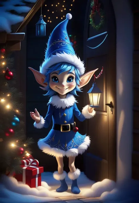 very dark night Christmas scene with a cute Blue Epoch Elf trying to find a faint light among shadows Christmas decorations, smile, fluffy,  shadows, only the face is lighted, holiday atmosphere, ultra-fine, digital painting